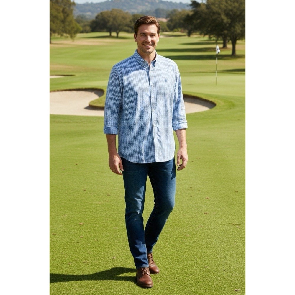 Ralph Lauren Golf Mens Size XL Tilden Shirt Blue White Gingham Check Button Down